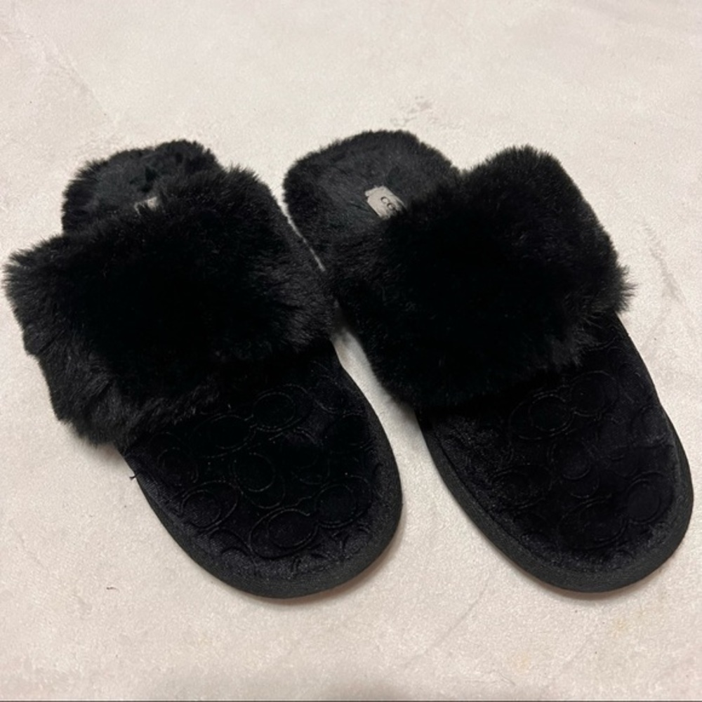 COACH Velvet  Faux Fur CC Logo BLACK SLIDES Slip On SHOES SLIPPERS 7